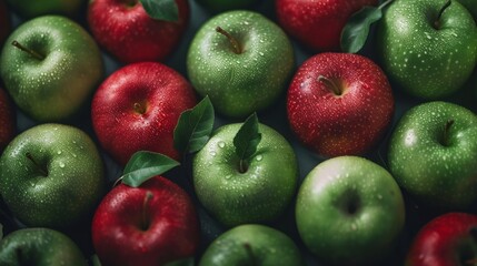 Poster - Vibrant Red and Green Apples with Leaves in Soft Light. A close-up shot styled to show fresh and healthy fruits. Ideal for food blogs, advertisements, and healthy eating promotions. AI