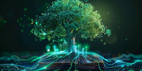 Wall Mural -  tech tree electrical circuit digital. Concept of technology and ecology. Social responsibility of technological projects