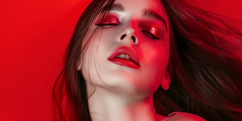 Wall Mural - creative makeup for Valentine's Day, photorealism, girl with a long hair, canon 85 mm, red background 