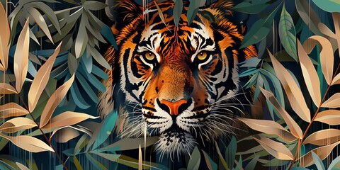 Wall Mural - jungle leaves surrounding a tiger with sharp eyes