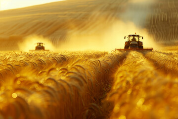 Wall Mural - Farmers harvesting crops in a golden field