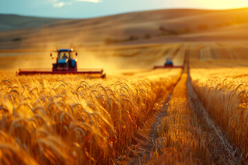 Wall Mural - Farmers harvesting crops in a golden field