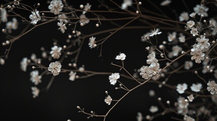 Wall Mural - Delicate white flowers and branches against a black background