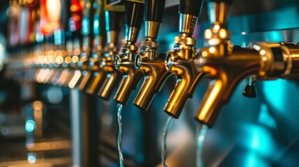 Close-up of multiple beer taps lined up in a row at a bar