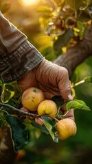 Wall Mural - A hand picks ripe apples from a branch. AI.