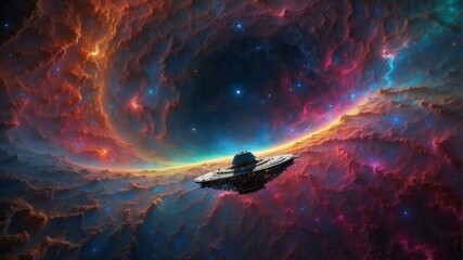 Wall Mural - a spacecraft flies through a nebula. ai.