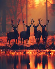 Canvas Print - Deer silhouetted against a sunset. AI.