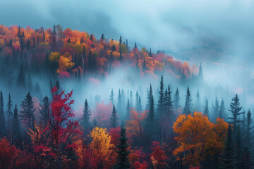 Poster - Photo of misty mornings and colorful forests in autumn