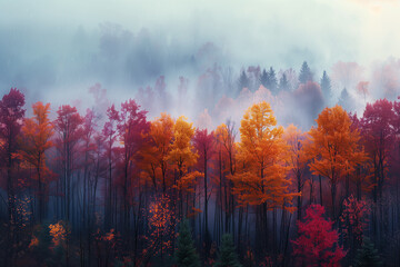 Wall Mural - Photo of misty mornings and colorful forests in autumn