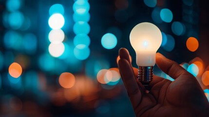 Poster - A modern LED light bulb held in a person hand, representing energy efficiency and innovation.