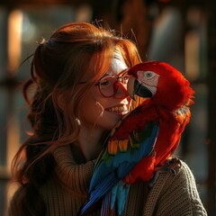 Poster - A woman with red hair and glasses smiles as she holds a colorful parrot on her shoulder. AI.