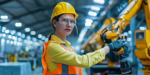 Poster - Industrial engineer is programming a robotic arm in a factory