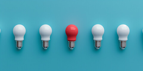 Poster - One red light bulb standing out from the crowd of white ones on blue background