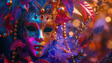 Fototapeta  - Venetian carnival mask and beads decoration. Mardi gras background. Generative AI