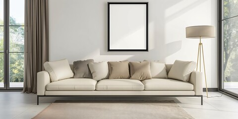 Aufkleber - Modern minimalist living room with white sofa and empty frame