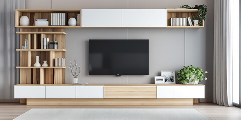 Poster - Modern living room with empty black smart tv screen hanging on the wooden wall