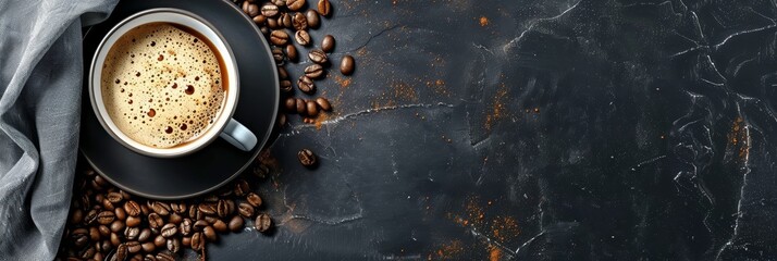 Horizontal banner with cup of coffee and coffee beans on dark stone background. Top view