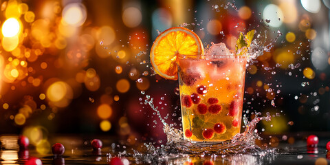 Poster - Refreshing cranberry cocktail splashing in bar setting with bokeh lighting