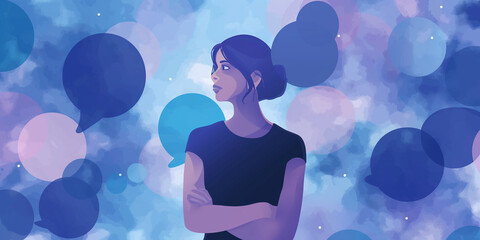 Aufkleber - Young woman is thinking with speech bubbles around her