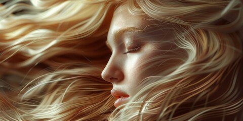 Wall Mural - Close-up of blonde, textured flowing hair, dramatic lighting to accentuate the details, creating a visually striking and artistic composition 