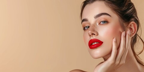 Wall Mural - Stylish woman with red lipstick posing on beige background, closeup portrait of beautiful girl touching her face and showing perfect skin. Beauty concept for makeup artist in beauty salon,