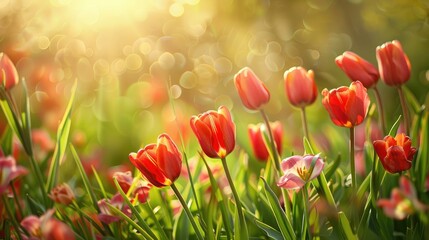 Poster - Sunny spring meadow with vibrant tulips natural Easter backdrop