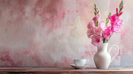 Poster - Pink gladiolus flowers in vase with pictures and cup on wooden table room with text space