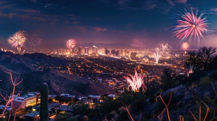 Poster - A panoramic view of a city skyline with fireworks exploding in the night sky