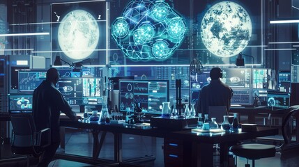 Leinwandbilder - Two Scientists Work in a Futuristic Lab with Images of Planets Projected on the Walls