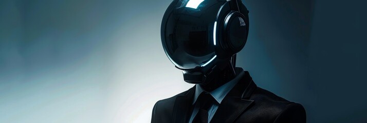 Poster - A futuristic robot with a disco ball for a head, wearing a sleek black suit, stands against a blue background