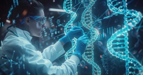 Poster - A scientist in a lab coat examines a glowing blue DNA strand with their gloved hands