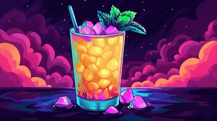 Poster -   A painting depicts a cocktail on a pastel backdrop with mint