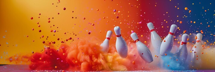 Poster - Bowling pins explode in a vibrant cloud of color, creating a dynamic image that captures the energy of the game