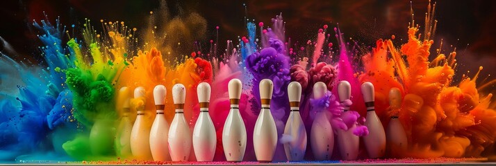 Poster - A row of bowling pins stand amidst a colorful explosion of paint, symbolizing the energy and excitement of a perfect strike
