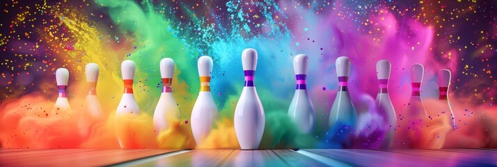 Poster - Bowling pins are engulfed in a vibrant explosion of colorful powder, creating a dramatic and exciting scene