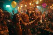 © YURIMA - In a festive bar, friends cheer and celebrate amid confetti, decorations, and laughter. The lively atmosphere brims with joy and excitement, creating a vibrant and cheerful ambiance
