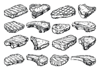 Wall Mural - Meat Steak Vintage Engraving Icons Set BBQ Beef Line Sketch Crisp Contours Classic Design Elements Barbecue Illustrations Culinary Art Food Graphics Gourmet Cooking Retro Style