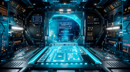 Poster - Futuristic spaceship interior with illuminated blue panels and a view of a digital earth