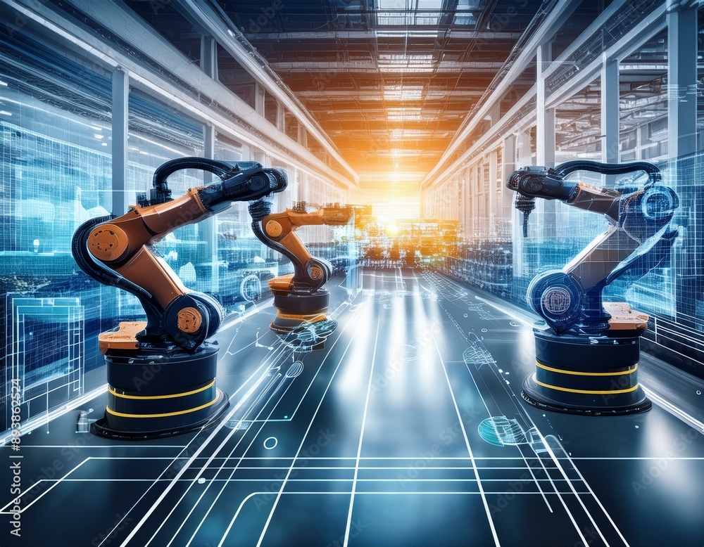 ภาพถ่าย Stock Digital twin overlay in smart factory with robotic arms ...