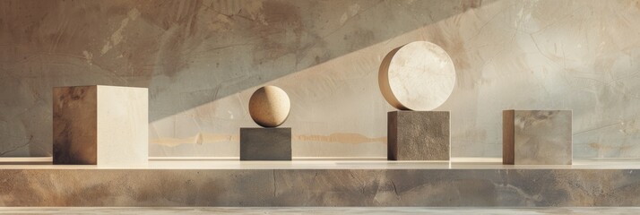 Poster - Geometric shapes of various sizes are arranged on a platform against a light, textured background
