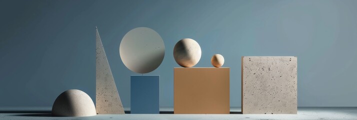 Poster - a studio photograph of geometric shapes of various sizes, including spheres, cylinders, and a triang