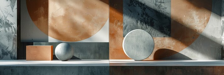Poster - Studio photo with geometric shapes in various sizes & materials. Dynamic composition & shadows from light source add depth & interest