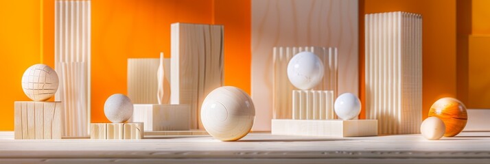 Poster - A studio setting featuring a dynamic arrangement of white geometric shapes, including spheres and rectangular blocks, against an orange backdrop
