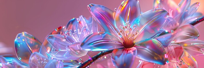 Poster - A close-up image showcasing holographic flowers and leaves on a soft pink background