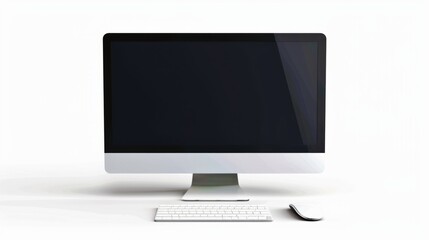 Modern desktop computer with sleek design featuring a large black screen, white keyboard, and mouse. Ideal for office work or personal use. Minimalistic style and clean look. AI