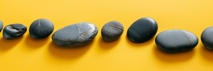 Poster - A line of smooth black stones arranged on a bright yellow background, providing a simple and elegant backdrop for product photography