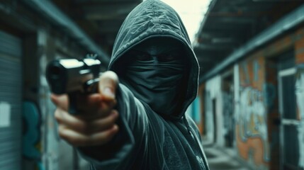 A hooded figure holds a gun their face obscured by a mask in an urban setting