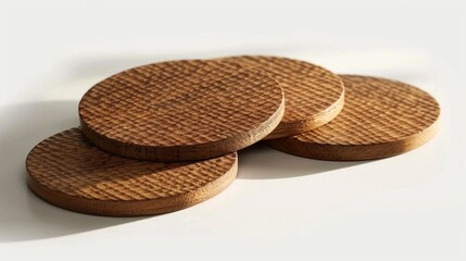 Three circular coasters made of wood with textured design and space for text