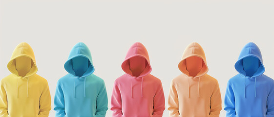 Colorful hooded figures stand against a stark, bright background, exuding modernity and streetwear culture.