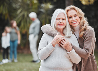 Canvas Print - Portrait, happy woman and senior mom in garden with smile, gratitude and embrace in outdoor bonding together. Family, generation and elderly mother with daughter in backyard for hug, care or love